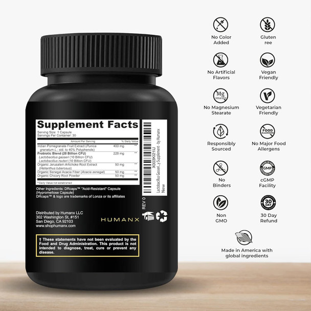 Humanx Lactobacillus Gasseri & Reuteri+ 20 Billion Cfu Plus Organic Prebiotics And Punicaligans - Probiotic Supplements - Usa Made - Non-Gmo - Performance Driven Delayed Release Capsule