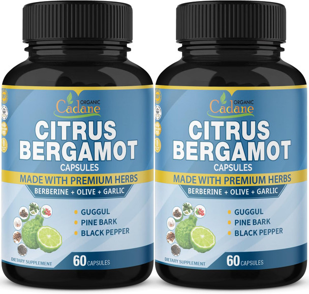 Organic Cadane 2 Packs Citrus Bergamot Extract Capsules 10300Mg With Berberine Olive Guggul Garlic Pine Bark Black Pepper | 4 Months Supply
