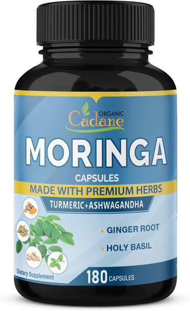 Organic Cadane Moringa Extract Capsules 6450Mg 6 Months Supply With Ashwagandha Root Tulsi Ginger Turmeric - Energy Booster Immune System - 180 Capsules