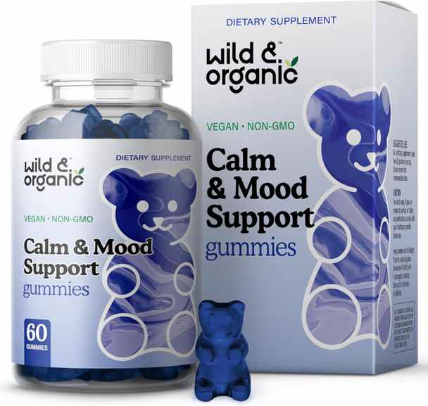 Wild & Organic Calm Gummies - Mood Support Supplement - Calming Gummies W/Ashwagandha Root Rhodiola Rosea Lemon Balm - Ashwagandha Supplements Gummies - Mood Gummies - 60 Ashwagandha Gummies