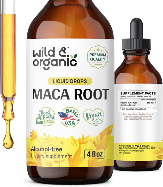 Wild & Organic Maca Root Liquid Drops - Alcohol Free Maca Root Tincture - Peruvian Maca Supplement For Women And Men - Vegan Sugar Free Maca Drops - 4 Fl Oz