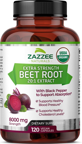Zazzee Naturals Usda Organic Beet Root 8000 Mg Strength 20:1 Extract 120 Vegan Quick Release Capsules Black Pepper Extract For Enhanced Absorption Supports Nitric Oxide Production Non-Gmo Made In The Usa