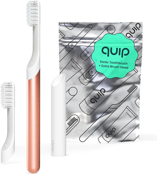 Quip Sonic Toothbrush For Adults With Timer - Includes Extra Brush Head And Travel Cover Mount - Electric Soft Bristle Refill Head Metal Handle 3 Month Battery Life - Travel Toothbrush - Copper Quip Sonic Toothbrush For Adults With Timer - Includes Extra Brush Head And Travel Cover Mount - Electric Soft Bristle Refill Head Metal Handle 3 Month Battery Life - Travel Toothbrush - Copper