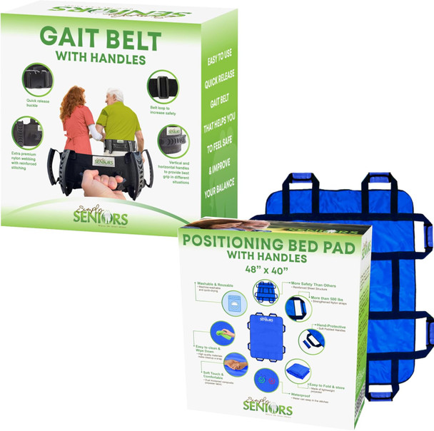 Simply Seniors Gait Belt For Seniors & Positioning Bed Pad With Handles 48" X 40" - Transfer Gate Belts With Handles For Lifting Elderly - Reusable & Washable Draw Sheets For Home & Hospital Use