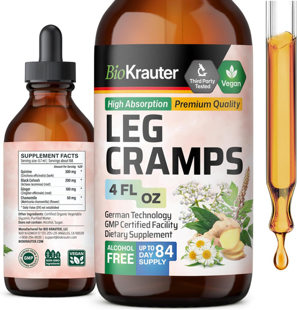 Bio Krauter Leg Cramps Tincture With Quinine - Ginger & Chamomile Liquid Extracts For Leg Cramps - Natural Alcohol & Sugar Free Formula - Vegan Drops 4 Fl.Oz.