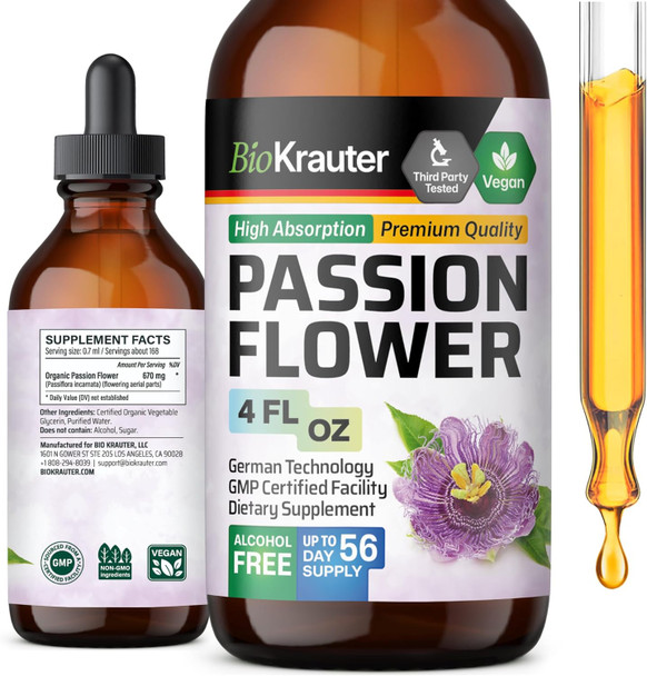 Bio Krauter Passionflower Tincture - Passion Flower Extract For Mood Support - Alcohol And Sugar Free - Vegan Passion Flower Tincture 4 Fl.Oz.