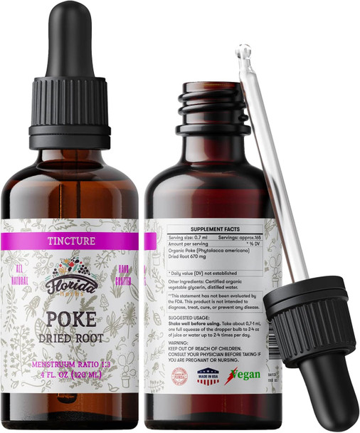 Florida Herbs Poke Tincture Organic Poke Extract (Phytolacca Americana) Dried Root Non-Gmo In Cold-Pressed Organic Vegetable Glycerin Supplements (Poke 2 Fl Oz)
