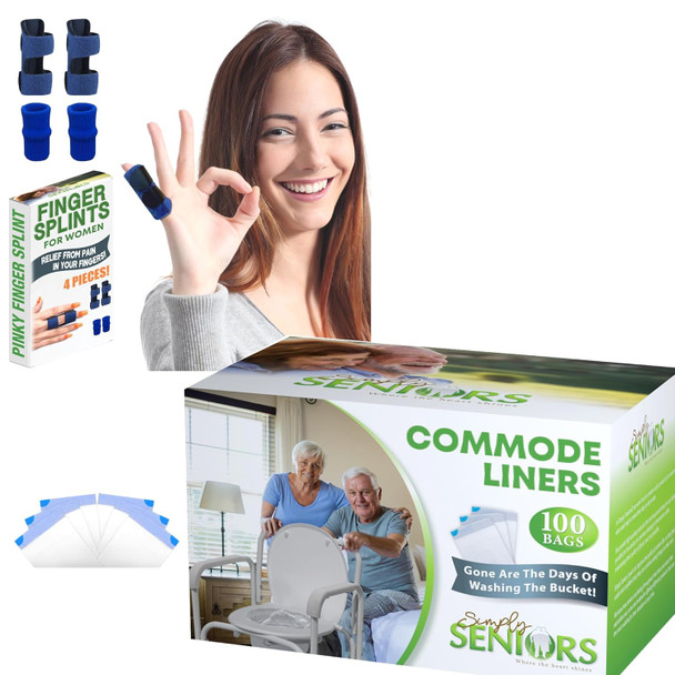 Simply Seniors Finger Splints For Pinky Finger & Commode Liners Disposable - Finger Brace For Arthritis Injury Sprain & Pain For Index Middle & Ring Finger - 100 Strong Portable Toilet Bags For Bedside Commode