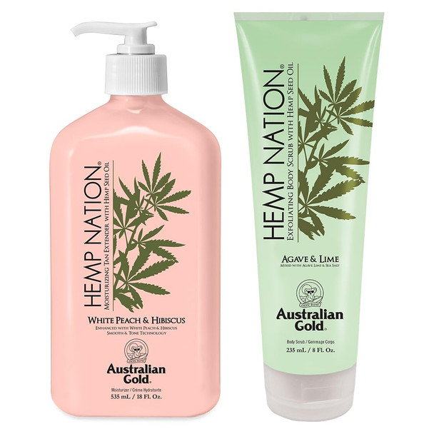 Australian Gold Hemp Nation White Peach & Hibiscus Bundle - Tan Extender Lotion (18 Fl Oz) And Agave & Lime Body Scrub (8 Fl Oz) Moisturizing Body Lotion And Body Exfoliating Scrub Pure Hemp Oil