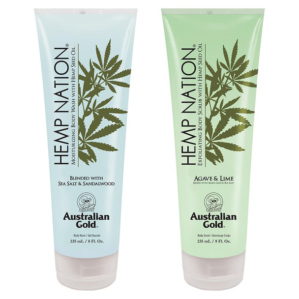 Australian Gold Hemp Nation Shower Bundle - Sea Salt & Sandalwood Body Wash (8 Fl Oz) And Agave & Lime Body Scrub (8 Fl Oz) Moisturizing Body Wash And Exfoliating Body Scrub Pure Hemp Seed Oil