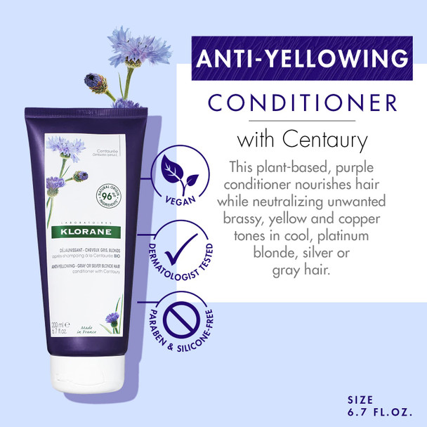 Klorane Plant-Based Purple Conditioner With Centaury Brightens Blonde Gray Or White Hair Neutralizes Unwanted Yellow And Copper Tones Paraben Silicone And Sulfate Free 6.7 Fl.Oz.