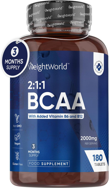 ‎Weightworld BCAA Tablet 2000mg Per Serving - 180 Protein Tablets (3 Months Supply) - 2:1:1 Branched Chain Amino Acids Tablets with Vitamin B12 & B6 - BCAA Powder Alternative - Pre Workout Supplement for Energy