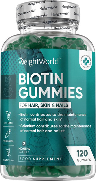‎Weightworld Biotin Gummies - 5000mcg - 120 Gummies with Vitamin A B C D E & Selenium - Hair Nails & Skin Vitamins - Natural Raspberry & Blueberry Flavoured Vitamin B7 Gummies - Chewable Biotin Hair Gummies