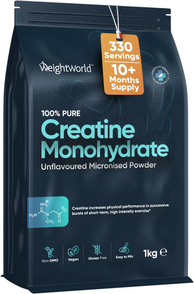 ‎Weightworld Creatine Monohydrate Powder 1kg (330 Servings) | 200 Mesh Micronised Unflavoured & Vegan | Creatine Powder | Performance & Muscle Strength | Creatine Nutritional Supplements for Post & Pre Workout