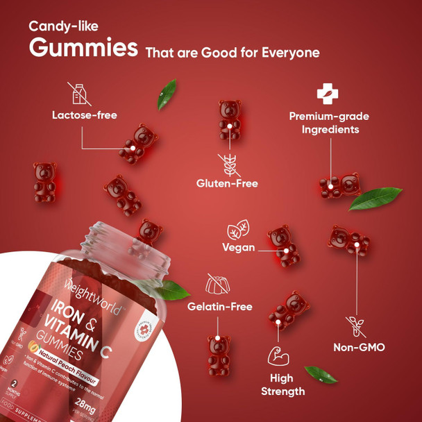 ‎Weightworld Iron Gummies with Vitamin C - 28mg - 120 Ferrous Fumarate Gummies (2 Months Supply) - Tasty Alternative to Iron Tablets - Immunity & Energy Supplements - Vegan Iron Supplements for Women & Men