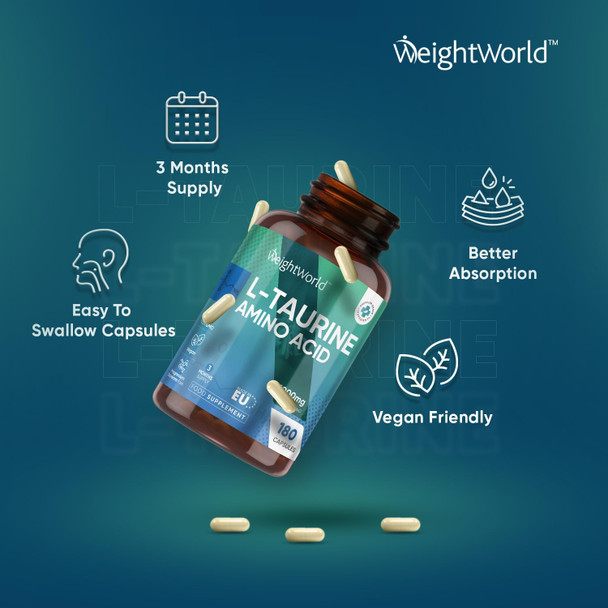 ‎Weightworld L Taurine 1000mg Capsules - 180 High Strength Taurine Capsules (3 Months Supply) - Vegan Amino Acid Taurine Supplement for Overall Health - Pre-Workout Supplement for Men & Women