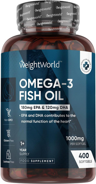‎Weightworld Omega 3 Fish Oil 1000mg - 400 Softgels (1+ Year Supply) - High Strength EPA & DHA - Cod Liver Oil Capsules Alternative - Contaminant- Omega 3 Fatty Acids Supplement for Heart Eyes & Brain (EFSA)