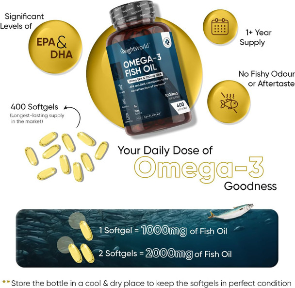 ‎Weightworld Omega 3 Fish Oil 1000mg - 400 Softgels (1+ Year Supply) - High Strength EPA & DHA - Cod Liver Oil Capsules Alternative - Contaminant- Omega 3 Fatty Acids Supplement for Heart Eyes & Brain (EFSA)