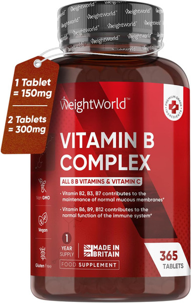 ‎Weightworld Vitamin B Complex High Strength 150mg | 365 Vegan Tablets (1 Year Supply) | B Complex for Immune System Tiredness & Fatigue (EFSA) | All 8 B Vitamins B1-B2-B3-B5-B6-B9-B12-B7 (Biotin) & Vitamin C