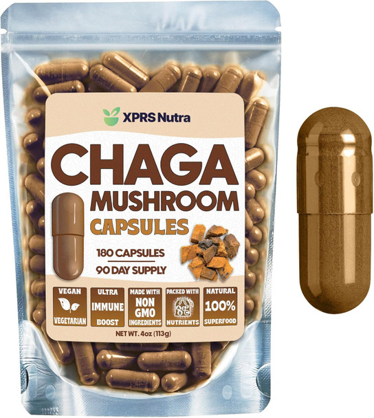 Xprs Nutra Chaga Mushroom Capsules - Premium USDA Chaga Mushrooms Capsules- Encapsulated Chaga Mushroom Powder for an Immunity Boost - Vegan Friendly Superfood for Chaga Tea and Beverages - 180 Count