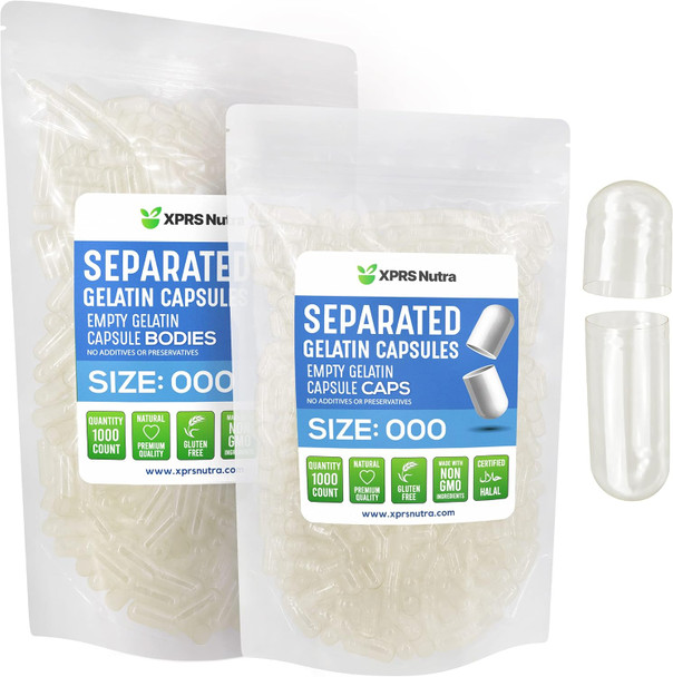 Xprs Nutra Separated Capsules Size 000-1000 Count Large Empty Gelatin Capsules Separated in Bags - Premium Clear Empty Capsules - Empty 000 Capsules - Pill Capsules Empty for DIY Supplement Filling