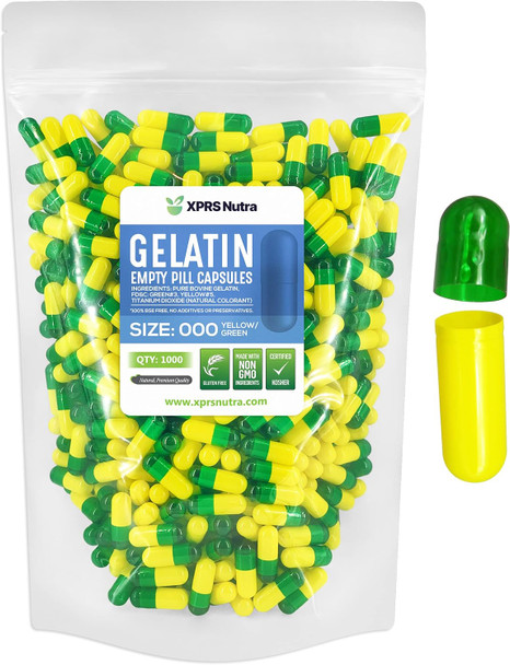 Xprs Nutra Size 000 Empty Capsules - 1000 Count Empty Gelatin Capsules - Empty Pill Capsules - DIY Supplement Capsule Filling - Fillable Color Gel Caps Pills (Green/Yellow)