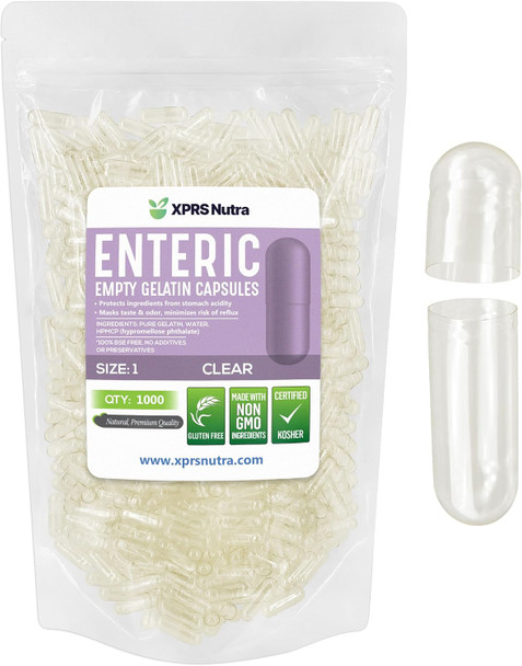 Xprs Nutra Size 1 Empty Capsules - 1000 Count Clear Enteric Coated Empty Gelatin Capsules - Delayed Release Pill Capsules - DIY Capsule Filling - Pure Bovine Empty Enteric Capsules Gel Caps