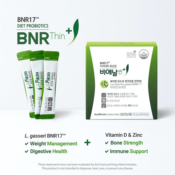 Acebiome BNRThin Plus Weight Management Probiotic Powder 10 Billion CFU d Lactobacillus Gasseri BNR17 Prebiotic and Probiotic for Digestive Health 30Packets x 3packs