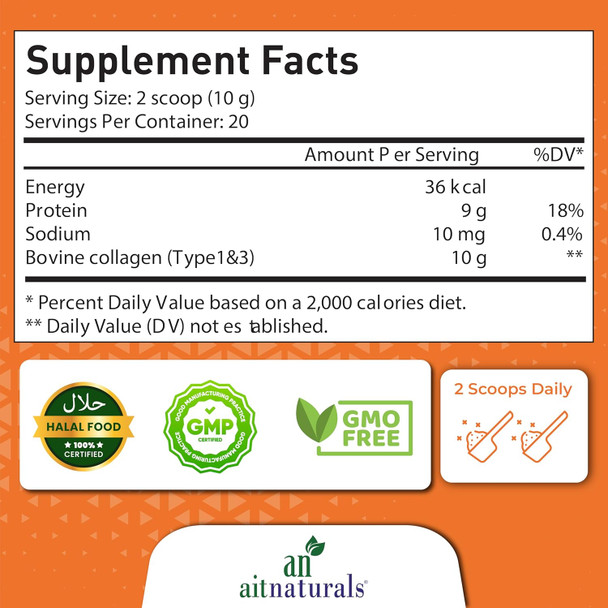 Aitnaturals Collagen Peptides Powder (Unflavoured) 200g Premium Grass-Fed Type I & III Collagen for Enhanced Skin Elasticity Stronger Hair & Nails Joint Flexibility Supports Healthy Aging Non-GMO