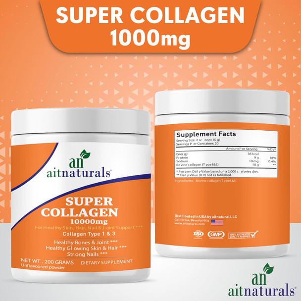 Aitnaturals Collagen Peptides Powder (Unflavoured) 200g Premium Grass-Fed Type I & III Collagen for Enhanced Skin Elasticity Stronger Hair & Nails Joint Flexibility Supports Healthy Aging Non-GMO