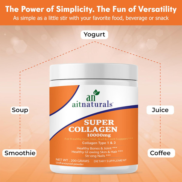 Aitnaturals Collagen Peptides Powder (Unflavoured) 200g Premium Grass-Fed Type I & III Collagen for Enhanced Skin Elasticity Stronger Hair & Nails Joint Flexibility Supports Healthy Aging Non-GMO