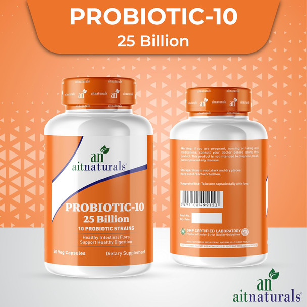 Aitnaturals Probiotic 10-25 Billion (50 veg Capsules) | Support Intestinal & Digestive Balance Ideal Immune System Bowel regularity function| Promotes Healthy Skin Optimize mental Health| Non-GMO