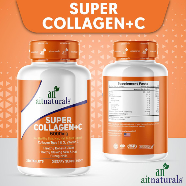 Aitnaturals Super Collagen with Vitamin C (6000mg) - 250 Tablets | Hydrolyzed Bovine Collagen Type 1 & 3 for Enhanced Hair Skin Nails and Healthy Bone & Joint Support| Non-GMO Gluten Halal