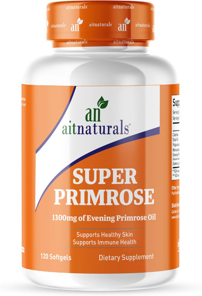 Aitnaturals Super Primrose - 1300mg (120 Softgels) Rich in GLA (Gamma-Linolenic Acid) Cold-Pressed Hexane | Menopause Hormonal Balance & Skin Health Support PMS Relief Heart Health Support