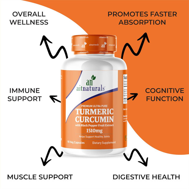 Aitnaturals Turmeric Curcumin - 1510 mg (90 Capsules)| 95% Curcuminoids with Black Pepper Extract| Advanced Absorption for Cardiovascular Health and Joint & Muscle Support | Digestive and Antioxidant