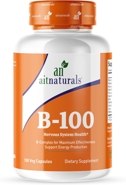 Aitnaturals Vitamin B-100 (100 Capsules) | Enriched B complex (B1 B2 B3 B5 B6 B7 B9 & B12) for Energy Production Mood & vitality Immune support Healthy Hair Skin Nails & Cognitive function