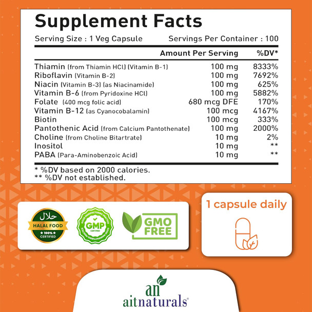 Aitnaturals Vitamin B-100 (100 Capsules) | Enriched B complex (B1 B2 B3 B5 B6 B7 B9 & B12) for Energy Production Mood & vitality Immune support Healthy Hair Skin Nails & Cognitive function