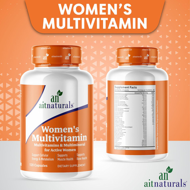 Aitnaturals Women's Multivitamin - 120 Capsules | Enriched with Vitamin A C D E K B12 Folate Iron Calcium Magnesium Biotin Zinc & Iodine | Support Bone Muscle Health Energy & Metabolism Aitnaturals Women's Multivitamin - 120 Capsules | Enriched with Vitamin A C D E K B12 Folate Iron Calcium Magnesium Biotin Zinc & Iodine | Support Bone Muscle Health Energy & Metabolism