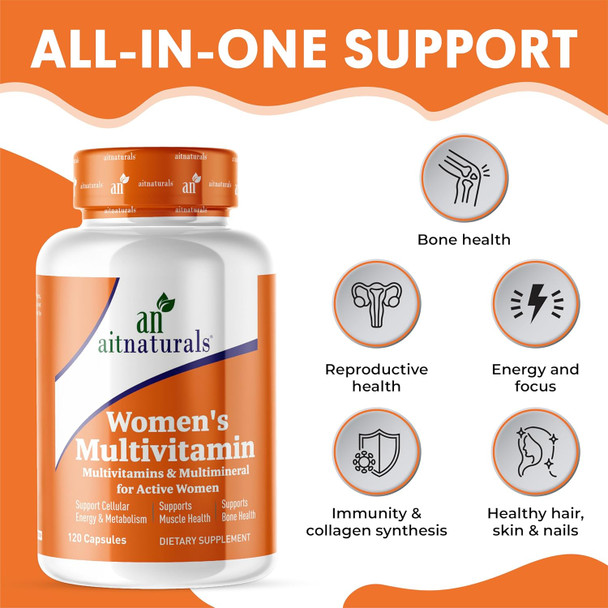 Aitnaturals Women's Multivitamin - 120 Capsules | Enriched with Vitamin A C D E K B12 Folate Iron Calcium Magnesium Biotin Zinc & Iodine | Support Bone Muscle Health Energy & Metabolism Aitnaturals Women's Multivitamin - 120 Capsules | Enriched with Vitamin A C D E K B12 Folate Iron Calcium Magnesium Biotin Zinc & Iodine | Support Bone Muscle Health Energy & Metabolism