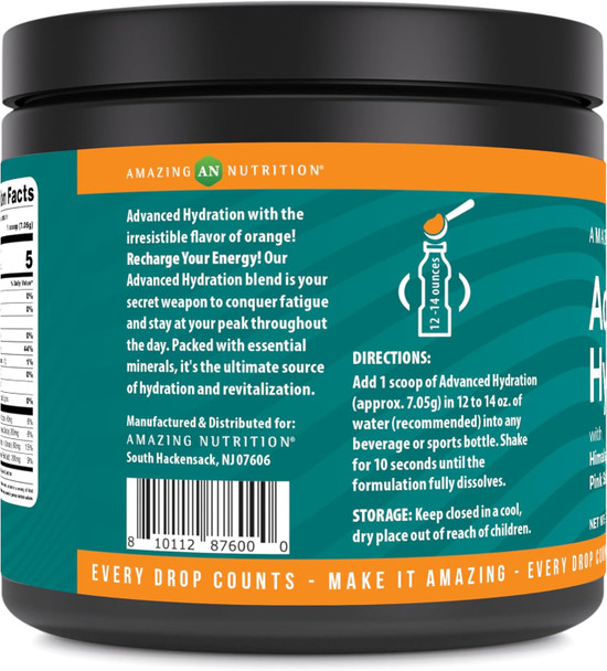 Amazing Nutrition Advanced Hydration Electrolyte Powder 30 Servings | Packed with Essential Minerals | Sugar- | Keto Friendly | Non-GMO | Gluten- (Natural Orange)