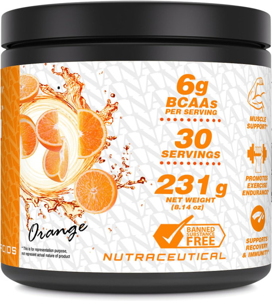 Amazing Nutrition BCAA 6000 | 6 Grams BCAA Per Serving | 30 Servings Powder | Branched Chain Amino Acid Supplement | Made in USA (Natural Orange)