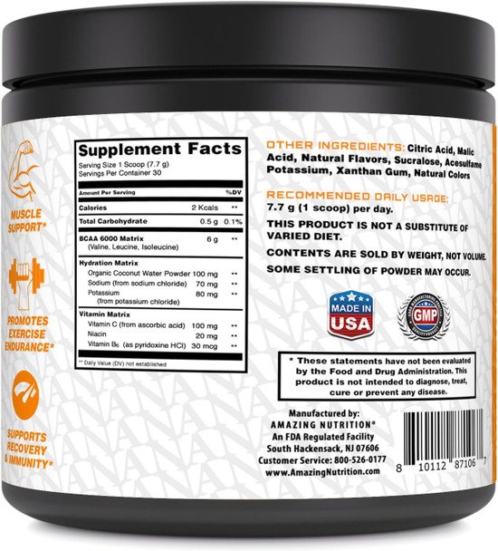 Amazing Nutrition BCAA 6000 | 6 Grams BCAA Per Serving | 30 Servings Powder | Branched Chain Amino Acid Supplement | Made in USA (Natural Orange)