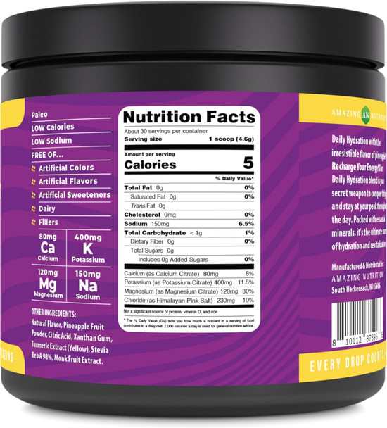 Amazing Nutrition Daily Hydration Electrolyte Powder 30 Servings | Packed with Essential Minerals | Sugar- | Keto Friendly | Non-GMO | Gluten- (Natural Pineapple)