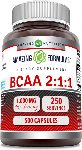 Amazing Nutrition Formulas BCAA 2:1:1 1000 Mg Per Serving | Capsules Supplement | Branched Chain Amino Acids | Made in USA (1 Pack 500 Count)