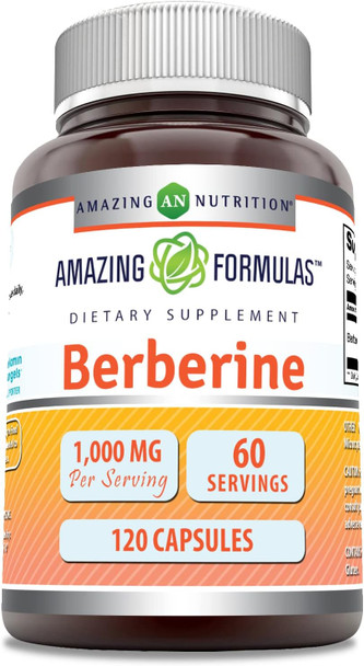 Amazing Nutrition Formulas Berberine 1000mg Per Serving 120 Capsules Supplement | Non GMO | Gluten | Made in USA