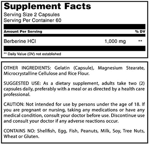 Amazing Nutrition Formulas Berberine 1000mg Per Serving 120 Capsules Supplement | Non GMO | Gluten | Made in USA
