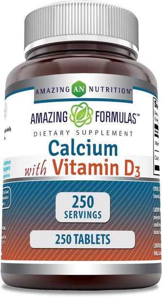 Amazing Nutrition Formulas Calcium with Vitamin D3 Supplement | 250 Tablets | Non-GMO | Gluten | Made in USA