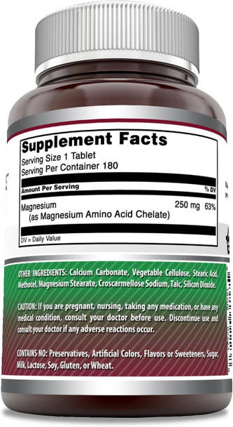 Amazing Nutrition Formulas Chelated Magnesium 250mg 180 Tablets Supplement | Non-GMO | Gluten | Made in USA