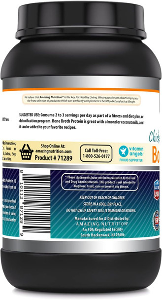 Amazing Nutrition Formulas Chicken Bone Broth Protein Powder Supplement | Unflavored | Non-GMO | Gluten | Made in USA (2 Lb Unflavored)