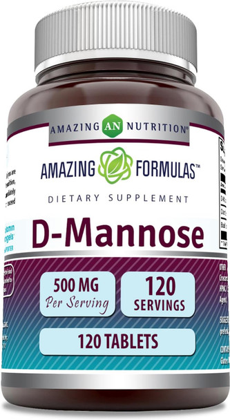 Amazing Nutrition Formulas D-Mannose Supplement | 500 Mg Per Serving | 120 Tablets | Non-GMO | Gluten | Made in USA